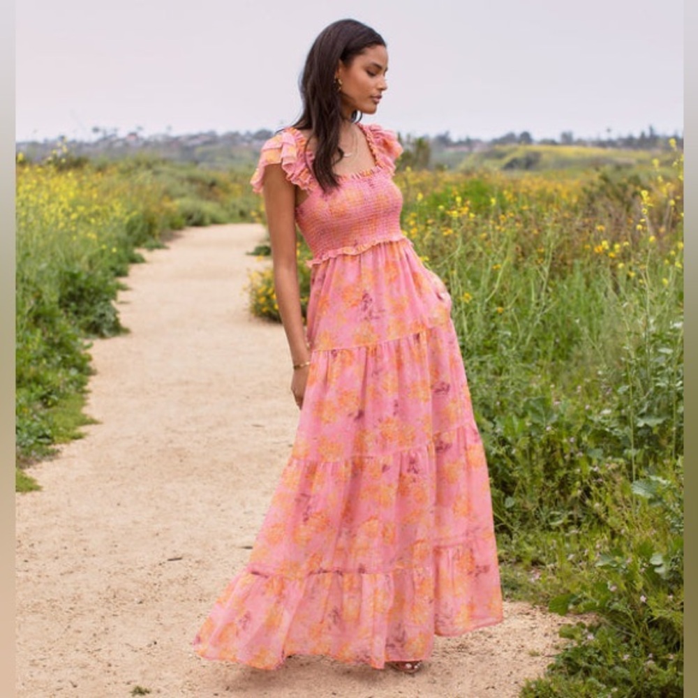 Pinkblush Floral Chiffon Smocked Top Maxi Dress Nwot